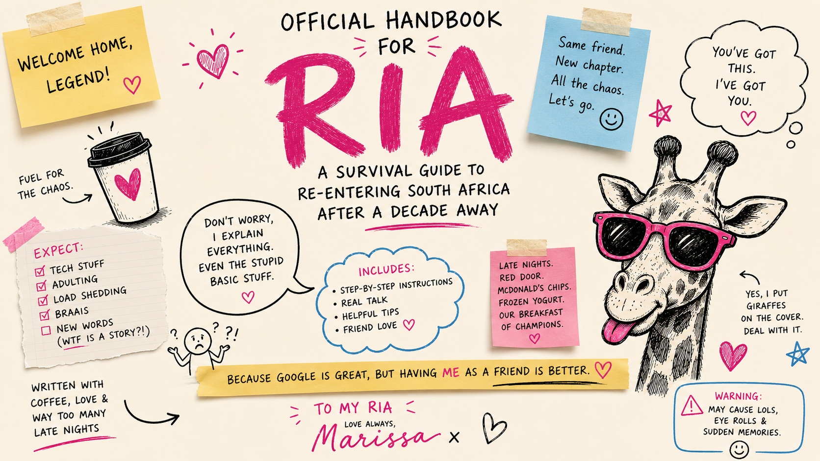 Illustrated Official Handbook for Ria cover with handwritten notes and a giraffe wearing pink sunglasses